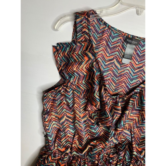 Bisou Bisou Orange blue Purple Ruffle Sleeveless V Neck Mini Women Dress size 14 - Picture 8 of 14